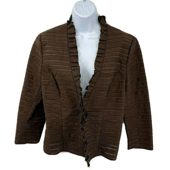 Lafayette 148 Brown Blazer Jacket Size 8 Hook Ruffle Linen Blend Dressy Feminine - Picture 1 of 12